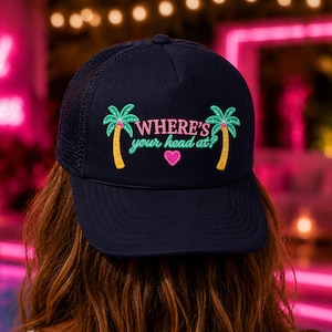 Where's Your Head At Palm Trees Heart Villa Trucker Hat Trendy Bombshell Vulnerable Hot Girl Summer Aesthetic Cap Soul Ties Love image 1