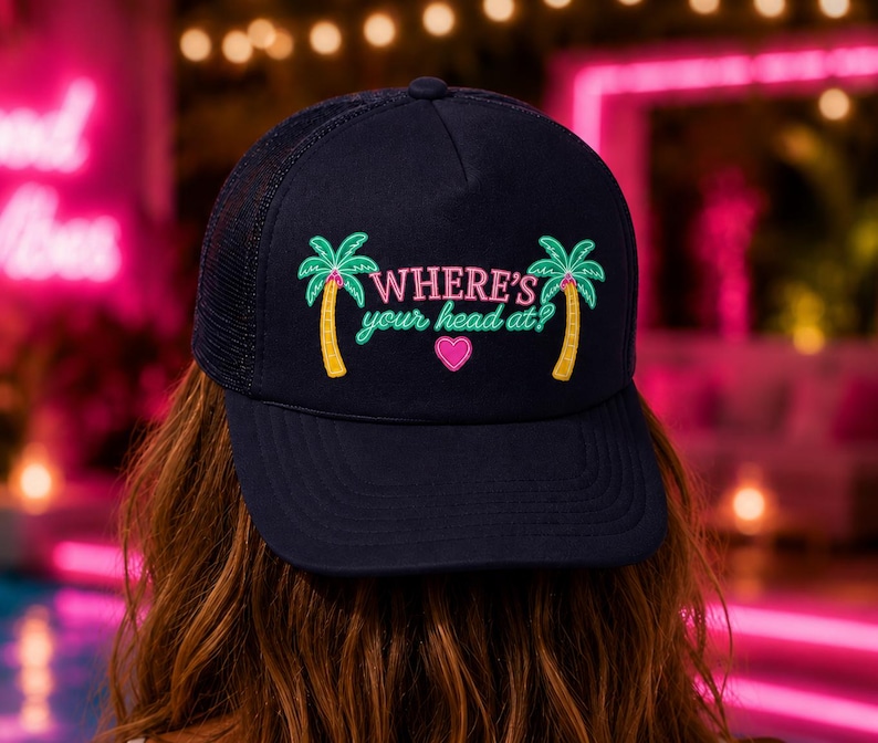 Where's Your Head At Palm Trees Heart Villa Trucker Hat Trendy Bombshell Vulnerable Hot Girl Summer Aesthetic Cap Soul Ties Love image 1