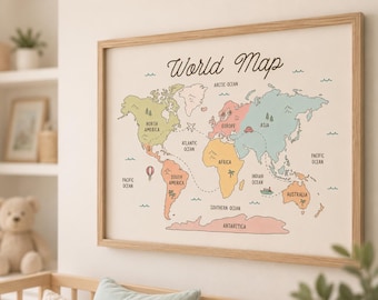 Mapa mundial de países, continentes y mares en formato PNG + SVG (descarga digital)