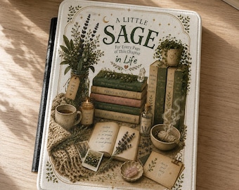 Funda para Kindle de Little Sage con temática botánica y de plantas aromáticas, escena acogedora de lectura.