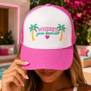 Where's Your Head At Trucker Hat | Open To Exploring | Soul Ties Vibes | Neon Palm Tree Hat | Reality TV Fan Gift | Summer Vacation Hat | Vulnerable Bombshell Aesthetic Cap