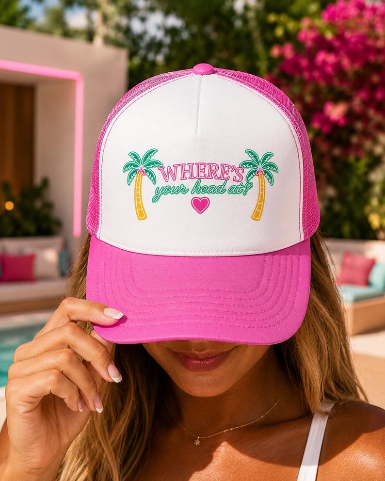 Where's Your Head At Trucker Hat | Open To Exploring | Soul Ties Vibes | Neon Palm Tree Hat | Reality TV Fan Gift | Summer Vacation Hat | Vulnerable Bombshell Aesthetic Cap