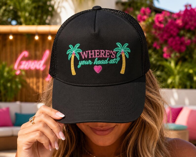 Where's Your Head At Trucker Hat | Open To Exploring | Soul Ties Vibes | Neon Palm Tree Hat | Reality TV Fan Gift | Summer Vacation Hat | Vulnerable Bombshell Aesthetic Cap