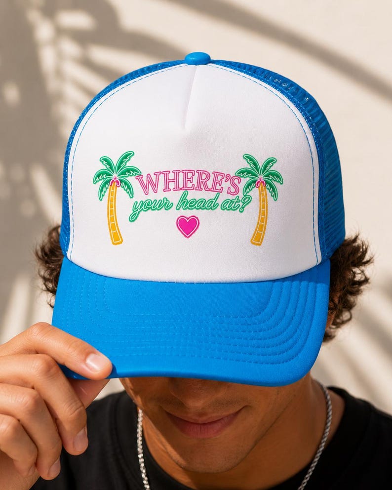 Where's Your Head At Palm Trees Heart Villa Trucker Hat Trendy Bombshell Vulnerable Hot Girl Summer Aesthetic Cap Soul Ties Love image 9