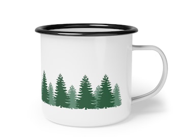 Pine Trees Enamel Camp Cup — Rustic Outdoor Coffee Mug, Nature Lover Gift