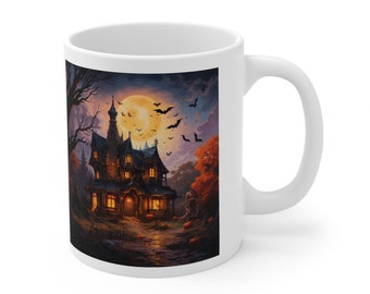 Haunted House Mug — 11 oz Ceramic Coffee Cup, Spooky Halloween Gift