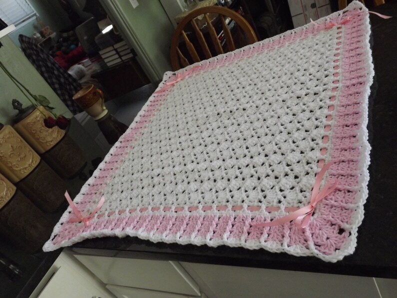 Handmade NEW Crochet Baby Blanket White W/pink Trim & Ribbon Afghan