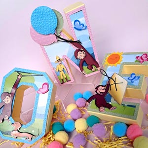 Curious George Pastel Colors 3D Letters; Curious George 3D Numbers; Curious George Theme Party; Curious George Birthday Decor for Girl