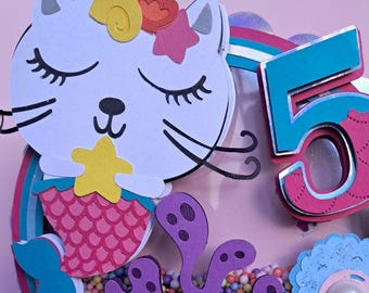 Mermaid Cat cake topper,Personalized, Mermaid Cat shaker, Mermaid Cat theme, Mermaid Cat birthday, girl birthday party