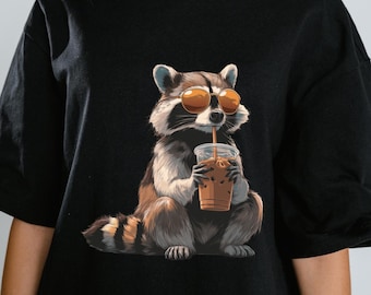Raccoon Coffee T-Shirt Design PNG, Animal Sublimation Graphic (Digital Download)