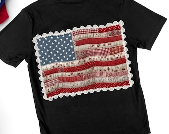 American Flag T-Shirt Design PNG, Patchwork USA Faux Fabric Sublimation Graphic (Digital Download)