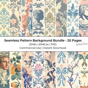 Zestaw tła z bezszwowym wzorem vintage toile – 20 kwiatów damasceńskich w formacie PNG, elegancki francuski zestaw tła zdjęcie 1