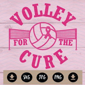 May include: Pink volleyball graphic with the text "Volley for the Cure" and a pink ribbon. The graphic includes a volleyball net on each side of the volleyball.