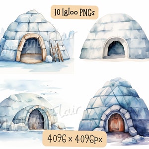 Paquete de imágenes prediseñadas de acuarela de iglú, diseños PNG, imágenes decorativas, diseños digitales para uso comercial