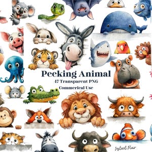 May include: A set of watercolour illustrations featuring a variety of animals, such as a cow, koala, pig, rabbit, donkey, tiger, shark, parrot, hippo, lion, bull, and others. Each animal is depicted peeking over a white border. Text reads "Peeking Animal" and "47 Transparent PNG".