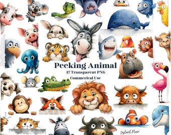 Peeking Animal Clipart – PNG Stickers, Planner Graphics (Digital Download)