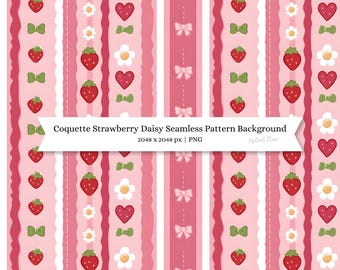 Coquette Strawberry Seamless Pattern PNG, Pink Bow Digital Paper (Digital Download)