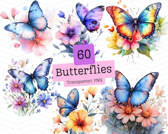 Watercolor Butterfly Clipart Bundle – Spring Flowers, Crafting Graphics (PNG, Instant Download)