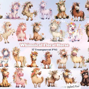 37 Whimsical Floral Pony Clipart – Horse PNG Bundle with Flowers & Pastel Accents