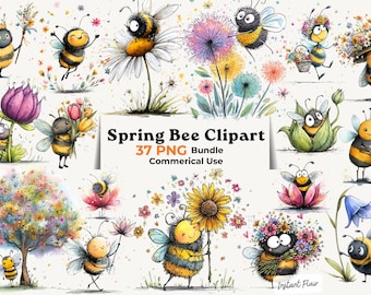 Spring Bee Watercolor Clipart Bundle, Whimsical Graphics (Digital Download)