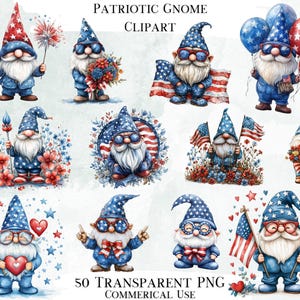 Bundle d'art clipart nain patriotique, 50 graphiques PNG transparents, images décoratives, graphiques numériques à usage commercial