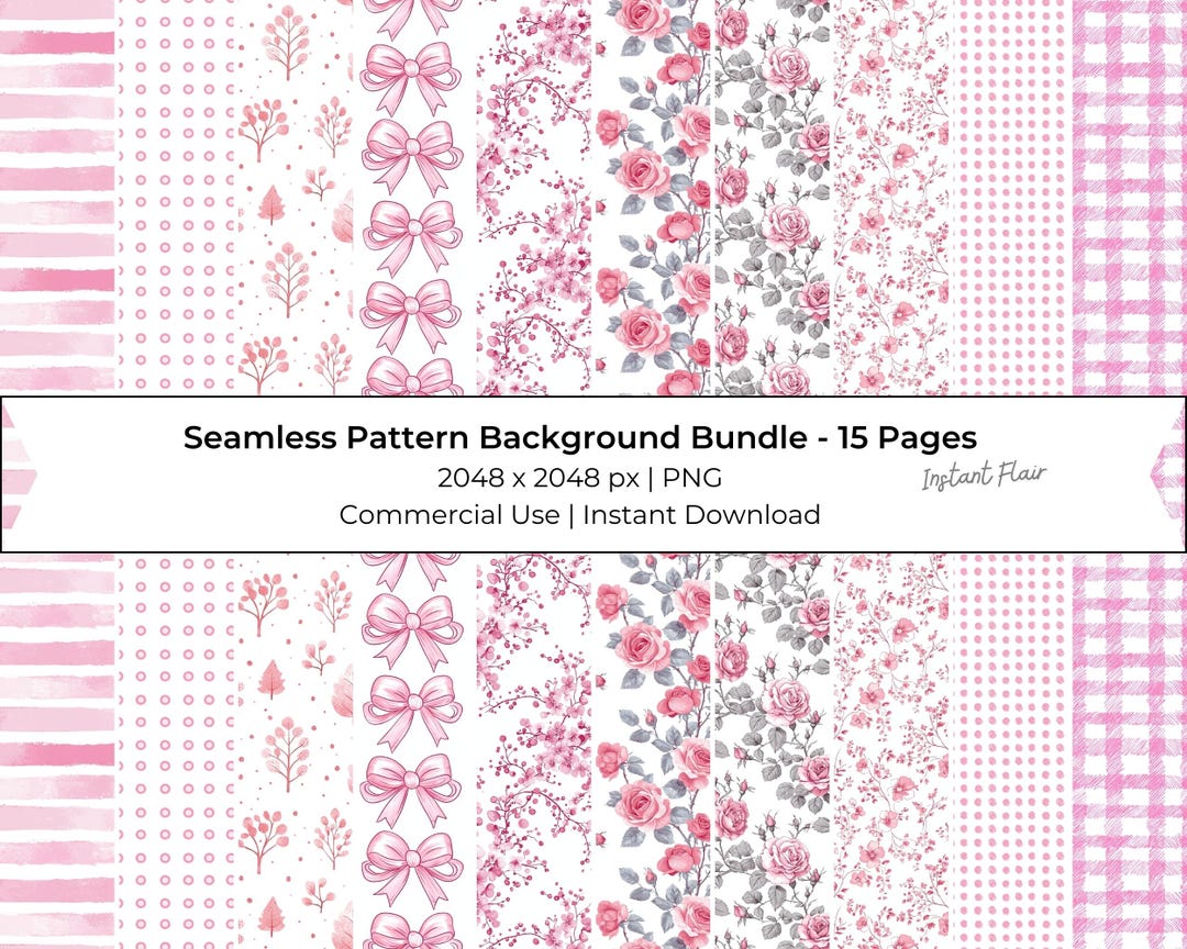 Pink Coquette Pattern Bundle – Floral Bow PNG Backgrounds (digital ...
