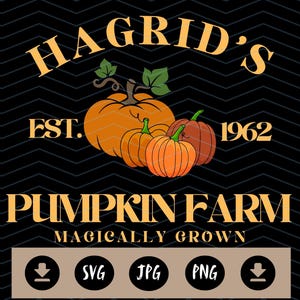 May include: A graphic design featuring the text "Hagrid's Pumpkin Farm" with the words "Magically Grown" below. The design includes illustrations of pumpkins in shades of orange and brown, with the year "1962" and file type icons.