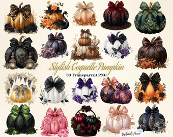 Coquette Pumpkin Clipart: Elegant Bow Pumpkins (Digital Download, 30 PNGs)