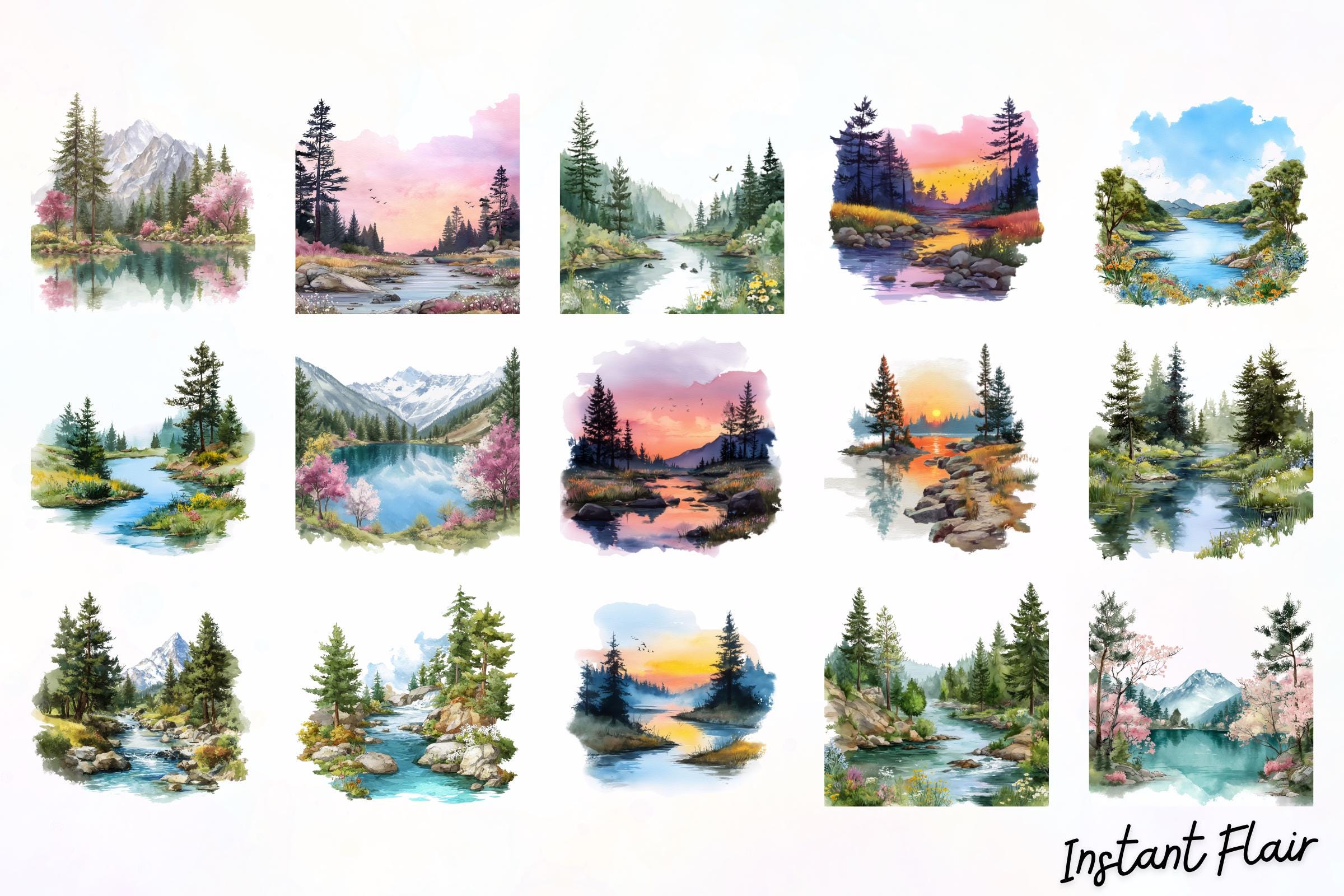 Scenic Lake & River Landscape Clipart | Nature PNG Set (digital ...