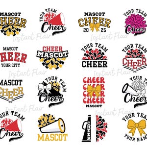 Op de afbeelding: Een verzameling cheerleading-thema ontwerpen met het woord "CHEER" in verschillende lettertypen en stijlen. Ontwerpen omvatten pompons, megafoons en strikken, met tekst zoals "MASCOT", "YOUR TEAM" en "YOUR NAME".