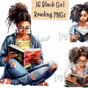 黒人少女読書クリップ アート バンドル 16 PNG デザイン 水彩画 かわいい 芸術的 アフリカ系アメリカ人 デジタル デザイン 商用利用可