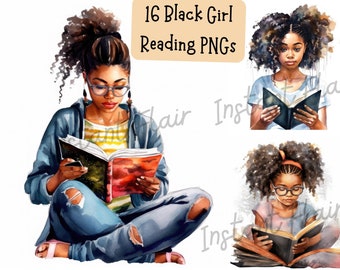 Black Girl Reading Clip Art Bundle 16 PNG designs Watercolor Cute Artsy African American Digital Designs for Commercial Use