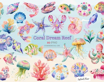 Coral Dream Reef Clipart Bundle, Tropical Ocean PNG Graphics (Digital Download)