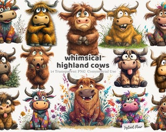 Whimsical Highland Cow Clipart Bundle, Cartoon Farm Animal Graphics (Digital Download)