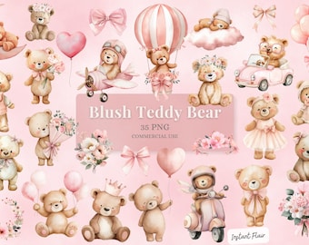 Blush Teddy Bear Clipart Bundle, Cute Baby Bear PNG Graphics (Digital Download)