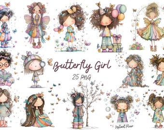 Whimsical Butterfly Girl Watercolor Clipart Bundle (25 PNG Graphics)