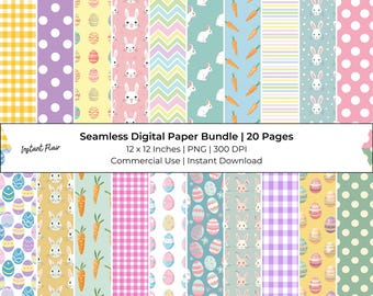Paquete de papel digital de Pascua: Patrones sin costuras de conejitos, huevos y zanahorias (descarga digital)
