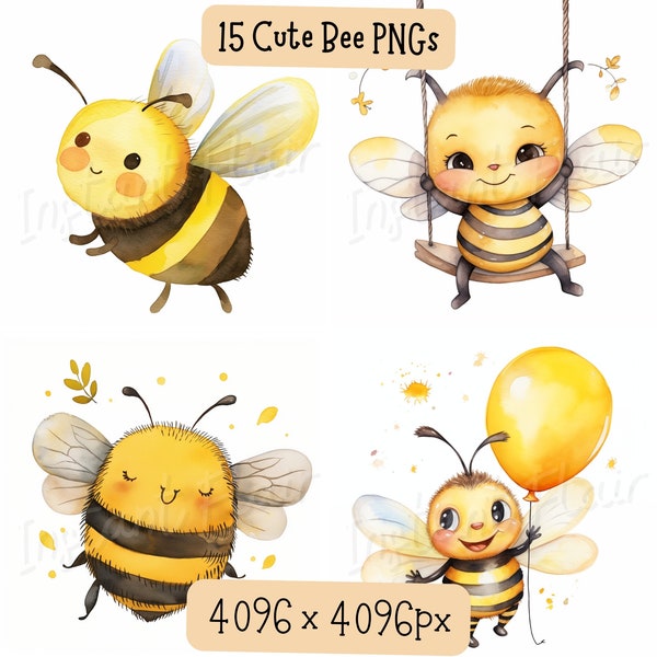 Cute Bee Watercolor Clip Art Bundle, PNG Designs, Decorative Images, Digital Designs for Commercial Use