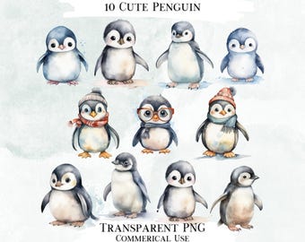 Watercolor Penguin Clipart Bundle, PNG Designs (Commercial Use)