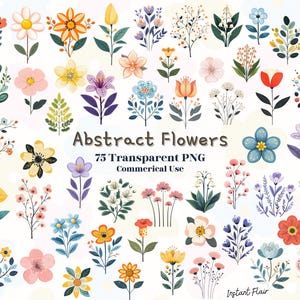 Paquete de imágenes prediseñadas de flores abstractas: 75 imágenes PNG transparentes, imágenes decorativas y gráficos digitales para uso comercial.
