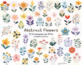 Paquete de imágenes prediseñadas de flores abstractas, 75 gráficos PNG, uso comercial