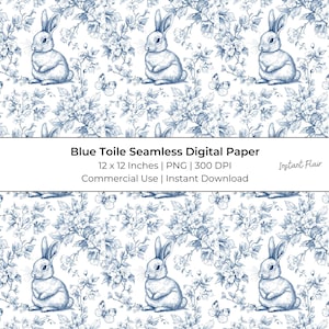 Blue Toile Bunny Seamless Digital Paper – 12x12 pollici, 300 DPI – Uso commerciale – Download immediato