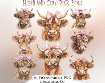 Highland Cow Pink Bow Watercolor Clipart Bundle (PNG)