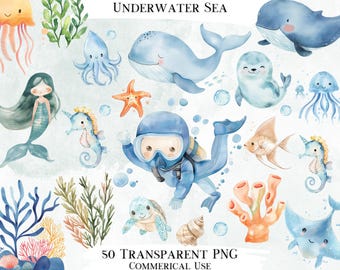 Underwater Sea Clip Art Bundle, 50 Transparent PNG Designs, Decorative Images, Digital Designs for Commercial Use