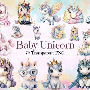 72 Watercolor Baby Unicorn Clipart – Cute Unicorn PNG – Digital Download – Commercial Use