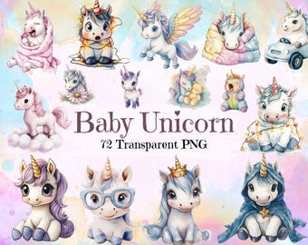 Clipart de Unicornio Bebé en Acuarela – 72 Gráficos PNG (Descarga Digital)