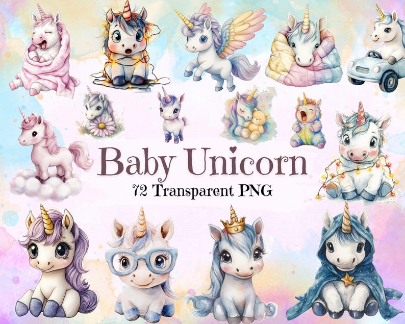Watercolor Baby Unicorn Clipart – 72 PNG Graphics (digital Download) - Etsy