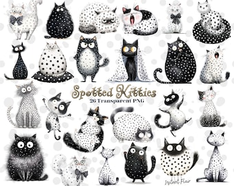 Spotted Kitties Clipart – 26 Quirky Cat PNGs with Transparent Backgrounds for Crafts, Stickers & Sublimation