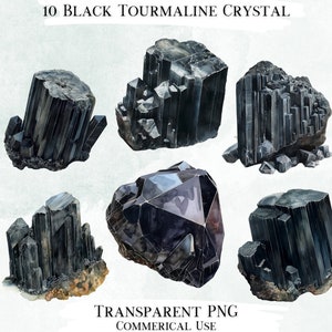 Pacote de Clip Art de Cristal de Turmalina Negra, 10 Designs PNG Transparentes, Imagens Decorativas, Designs Digitais para Uso Comercial