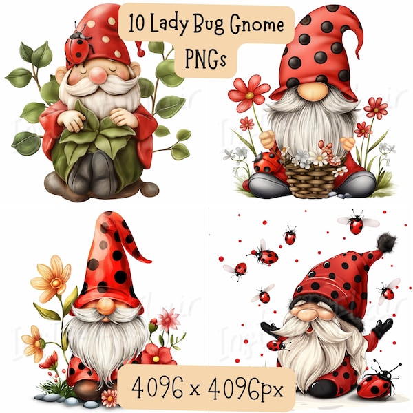 Lady Bug Gnome Clip Art Bundle, PNG Designs, Decorative Images, Digital Designs for Commercial Use